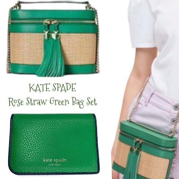 Kate Spade Rose Straw Green Crossbody Bag Wallet - Picture 1 of 5
